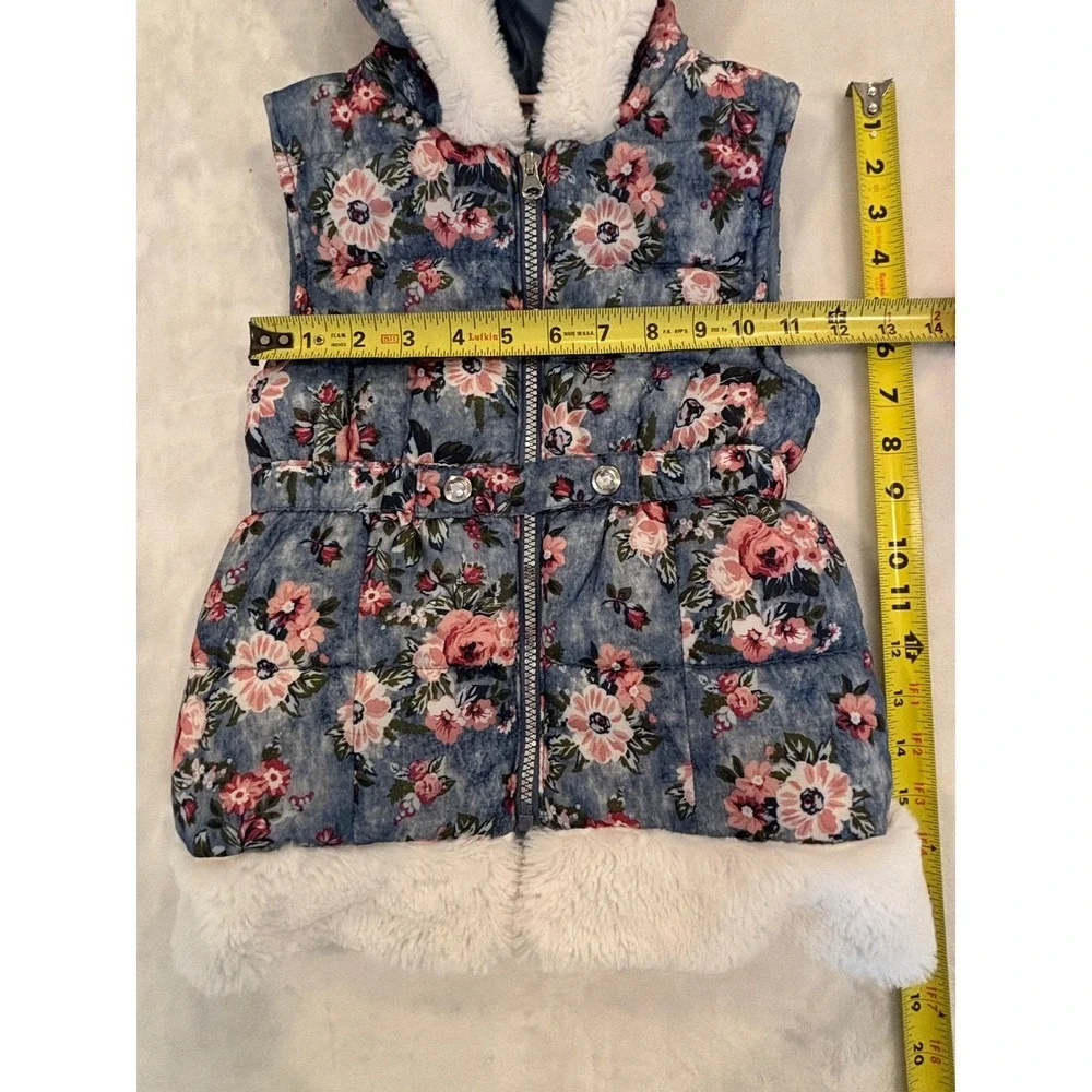 Little Lass Girls Blue Floral Faux Fur Trim Hooded Puffer Vest Size 6X